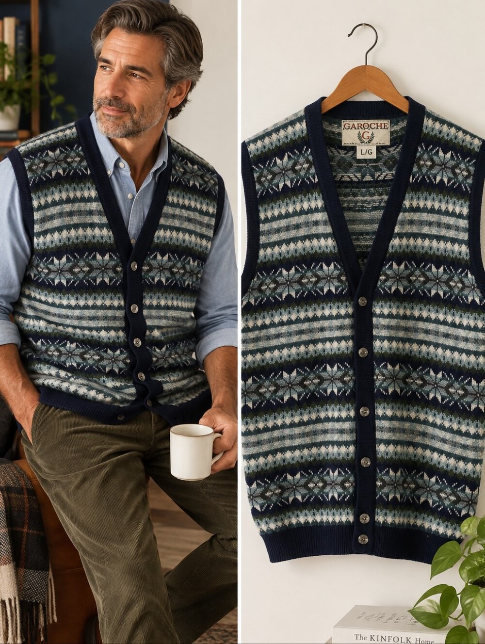 GAROCHE 100% Wool Fair Isle Sweater Vest L | Nordic Button Front Knit